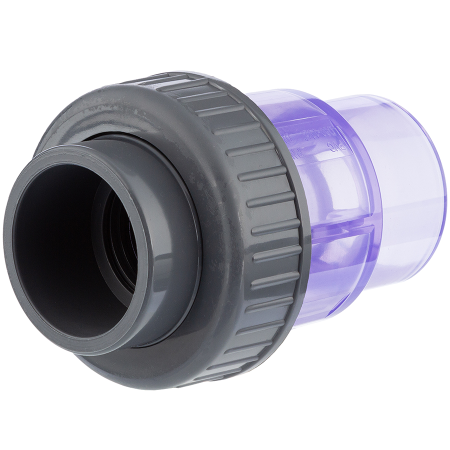 PVC-U non-return valve, <b>ball</b>, transparent, <b>, single, union, glue socket
