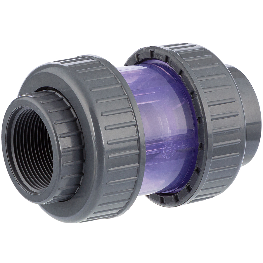 PVC-U non-return valve, <b>ball</b>, transparent, <b>, solvent socket x female thread