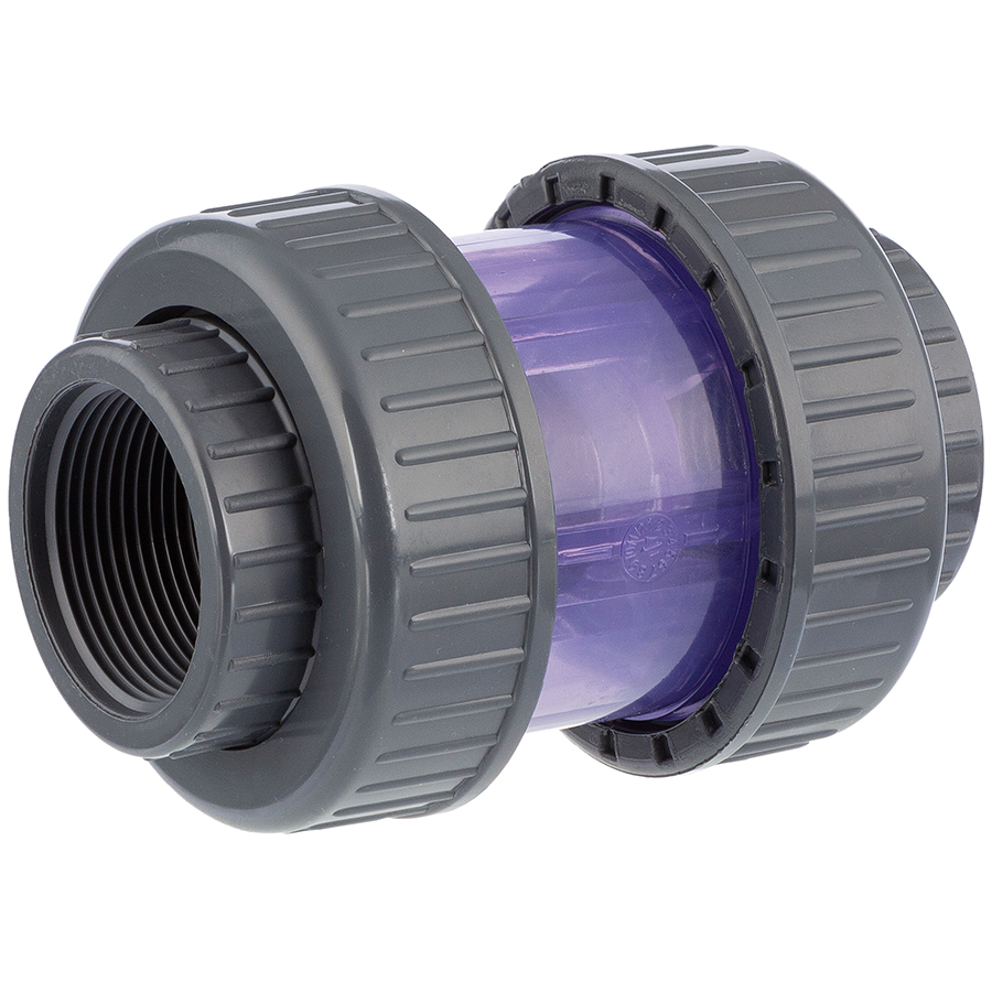 PVC-U non-return valve, <b>ball valve</b>, transparent, <b>, 2 female threads
