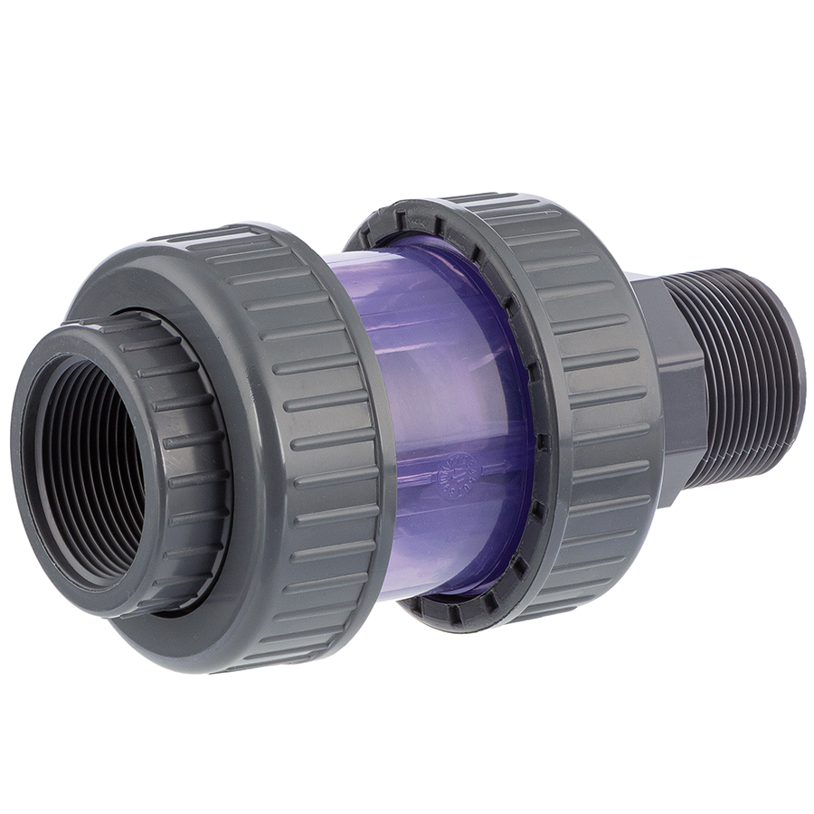 PVC-U non-return valve, <b>ball</b>, transparent, <b>, female- x male thread