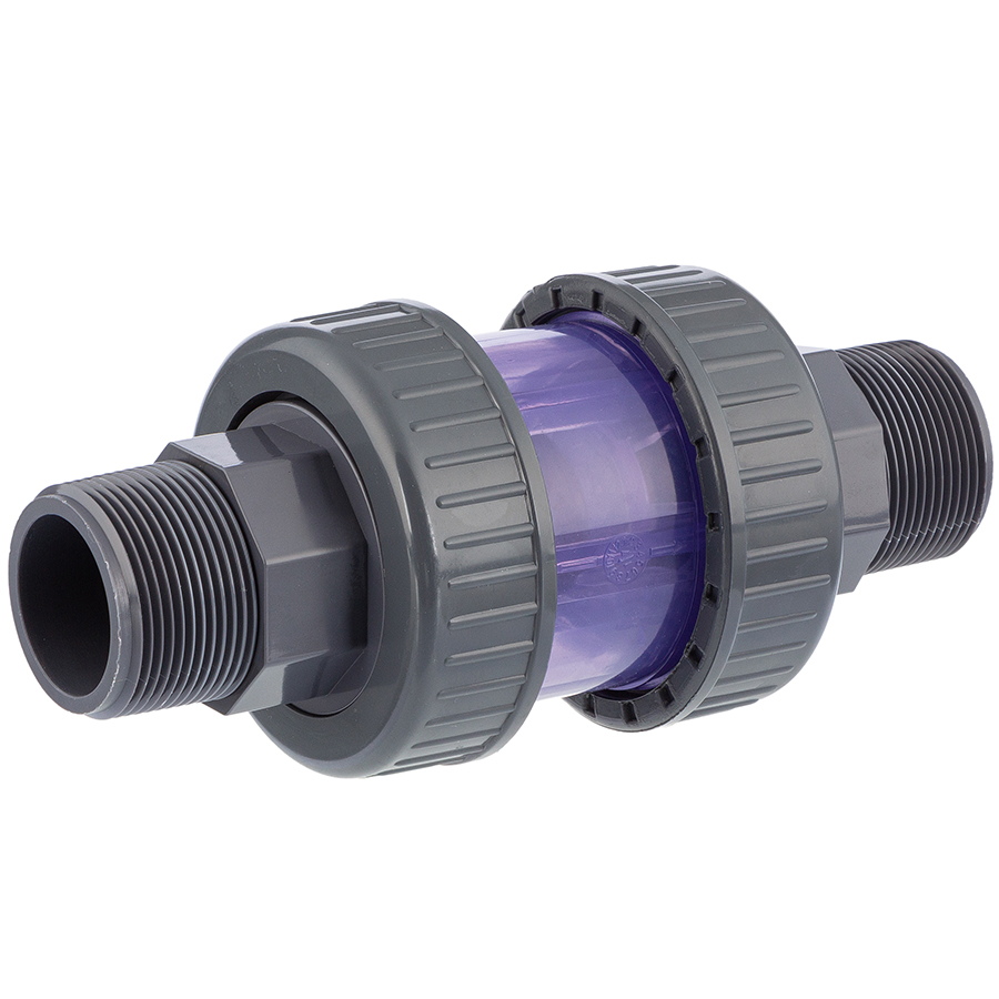 PVC-U non-return valve <b>ball</b> transparent <b>2 male threaded connections