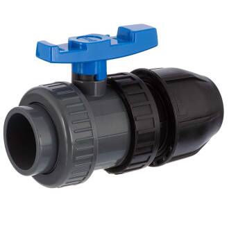 Valvola a sfera a 2 vie in PVC-U e HDPE con manicotto a incollare x raccordo a compressione in PP per tubi in PE