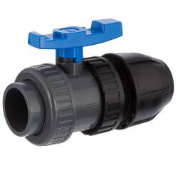 Valvola a sfera in PVC-U e HDPE con filetto femmina x raccordo a compressione in PP per tubi in PE