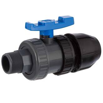 PVC-U Kugelhahn HDPE Aussengewinde x PP-Klemme für PE-Rohr